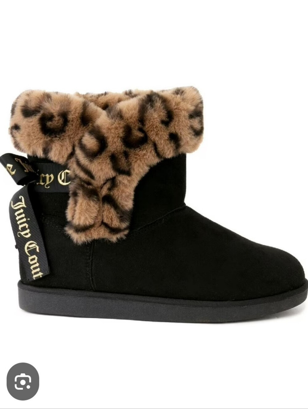 Juicy Couture Black Faux Suede Boots with Beige & Black Leopard Fur Cuff